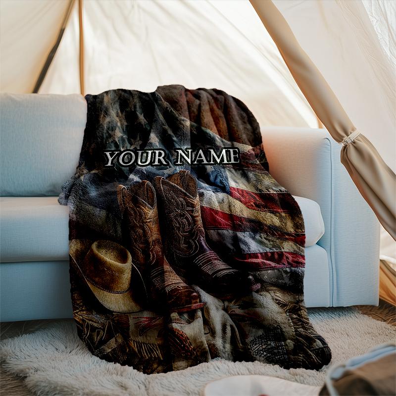 1PC Custom Name Rustic Boots Flag Outdooor Flannel Blankets Patterns Throw Blanket All-Season Soft Gift for Couch, Bed, Camping Gifts