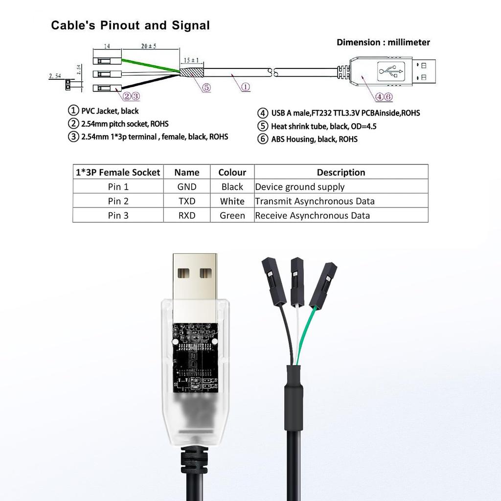 DTECH USB TTL Serial Converter Cable with FTDI Pitch Female Compatible with Windows and Mac 3.3V 1.8m Chipset, 3-Pin 2.54mm Connector, FT232RL, 11,