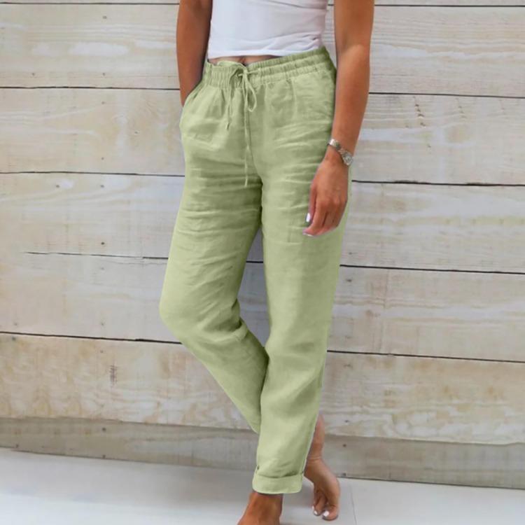 Women Solid Color Cotton Linen Wide Leg Nine Points Pants Loose Elastic Waist Summer Pocket M зелёный