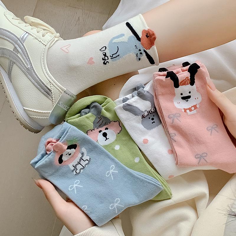 Women Socks Cartoon Cat Dog Japanese Kawaii Cute Middle Tube Socks Women Autumn and Winter Retro Long Socks