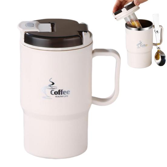 Kaffeebecher aus Edelstahl, isolierter Wasserbecher mit Teetrenner, Strohhalmdeckel und Klapplöffel, BPA-freier Reisebecher