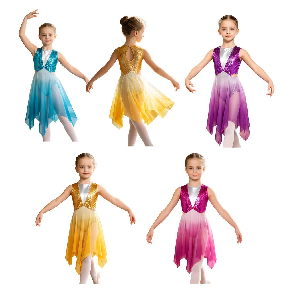 Sleeveless Keyhole Back Dress with Metallic Bodice Cutout Waist Asymmetrical Gradient Mesh for Girls Lyrical Dance Competition