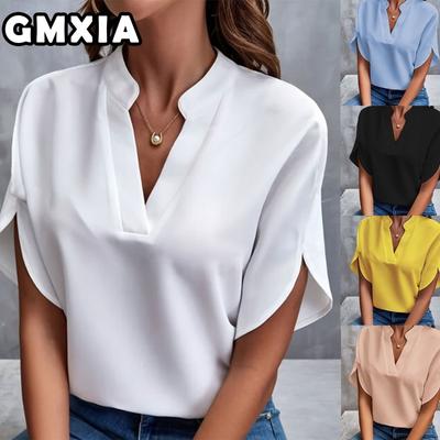 Fashion Women's Fashion Casual Solid Color Print Short Sleeve V Neck Blouses & Shirts