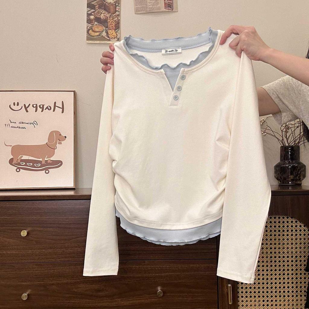 Dámské tričko s dlouhým rukávem Color-Block s volánkem, falešný dvoudílný design - Sladký top stahující v pase pro jaro a podzim