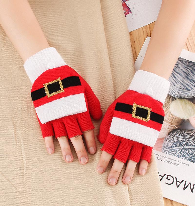 Christmas Women Gloves Winter Half Finger Flip Lady Cute Youth Warm Knitting Wool Students Writing Game Fingerless Mittens