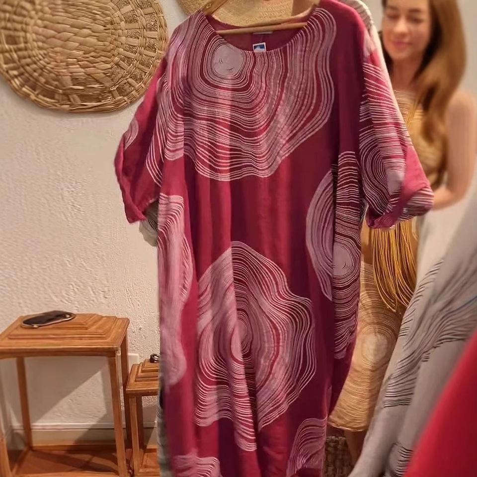 2026 European and American Fashion: Women's Abstract Print Linen Dress with Round Neck and Three-Quarter Sleeves