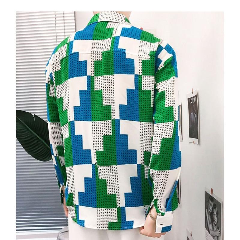 Youth Trendy Geometric Plaid Shirt for Men's Spring and Autumn Square Neck Long Sleeved Thin Button Cardigan Fashion Casual Tops