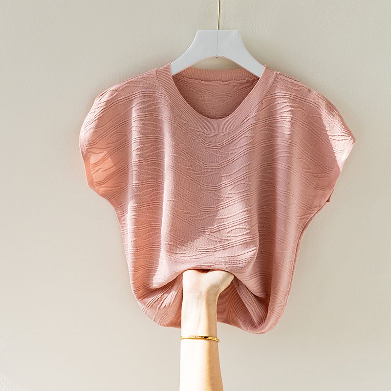 Top de Verão Seda Gelo Camiseta Feminina Manga Curta Solta Grande Manga Morcego Camisa Tricotada