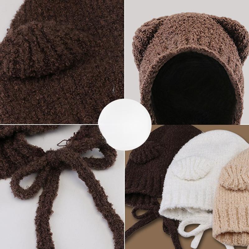 Plush Bear Ears Knitted Hat Women's Autumn and Winter Face Revealing Small Maillard Style Beanie Warm Big Head Cold Hat