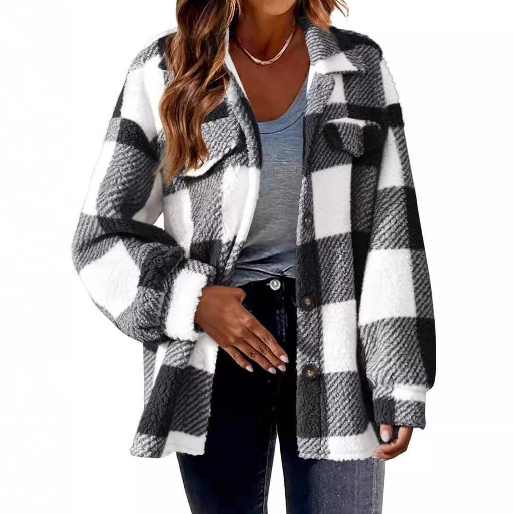 Damen WendeKragen Langarm Jacke Lockerer Sitz Kariert Fleece Shacket Knopfleiste Flanell Mantel