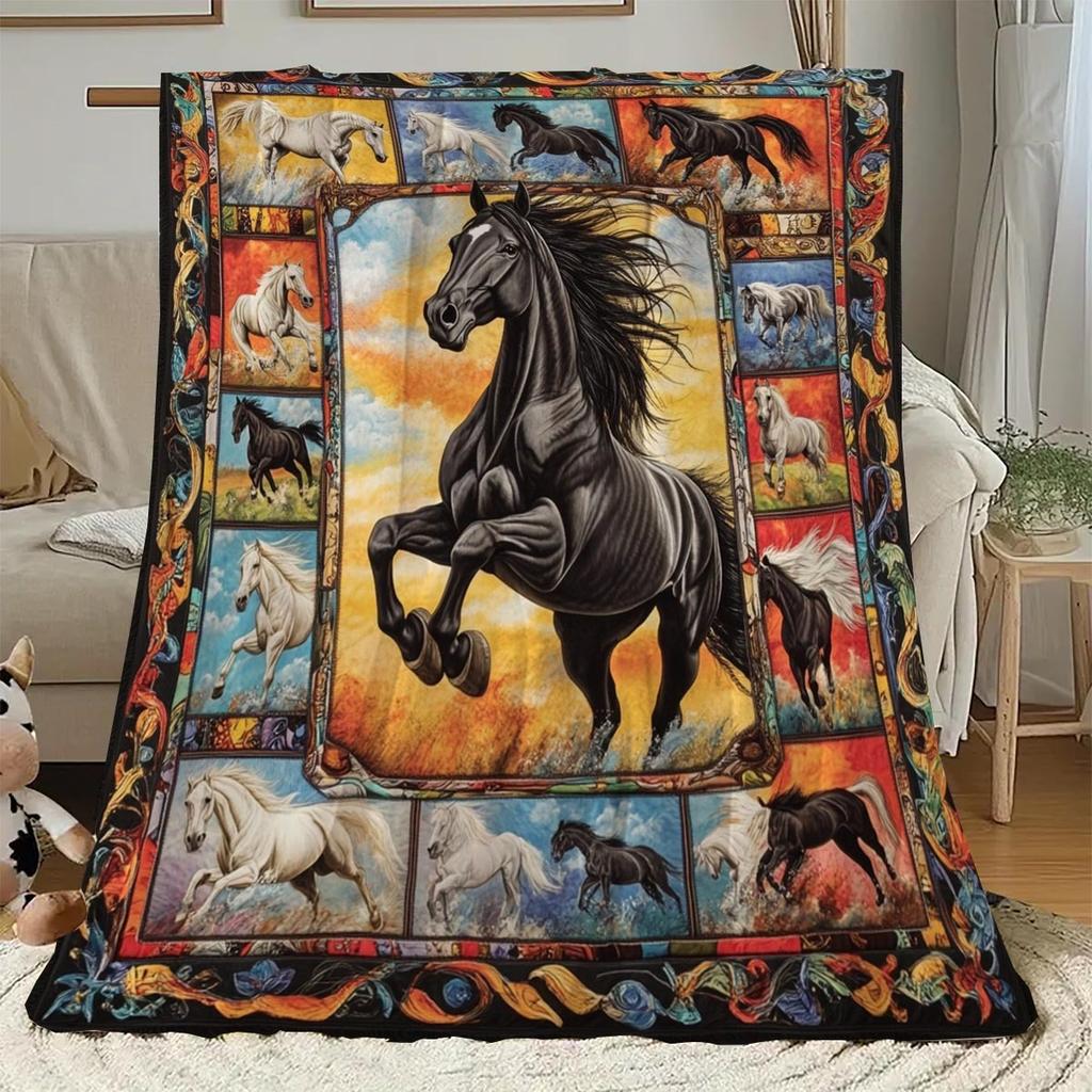Flannel Throw Blanket Majestic Horse Collage Print Soft Warm Naptime Blankets All Season For Sofa Bed Home Decor Ideal Gift