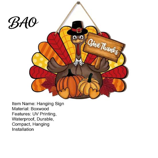 Outdoor Thanksgiving Decor Wooden Sign, Turkey and Pumpkin Welcome Wall Hanging with "Give Thanks" High-definition Printed Sign , Rustic Farmhouse