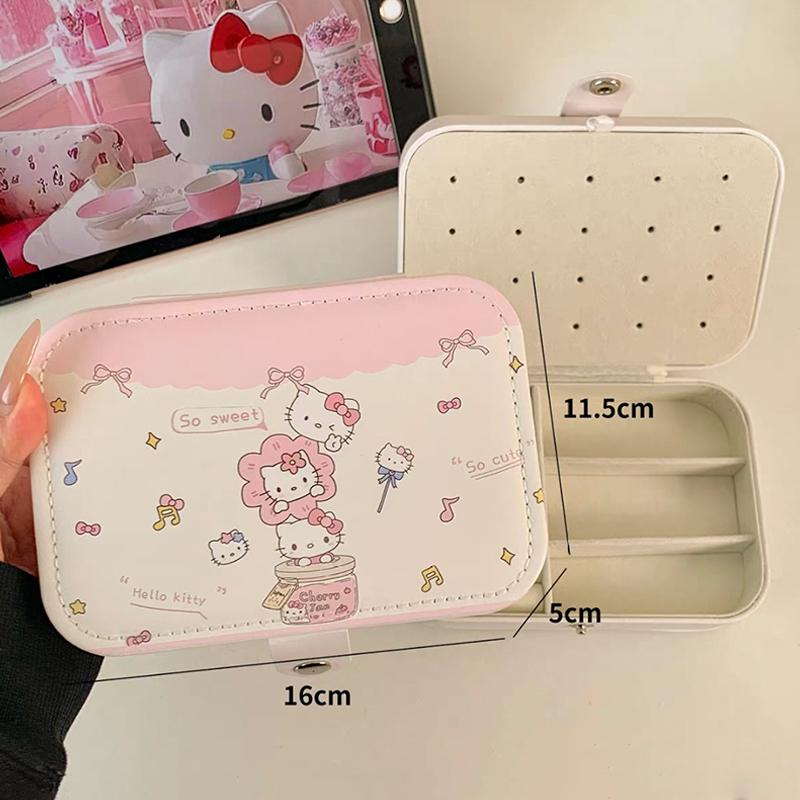 Kawaii Hello Kitty Jewelry Box Earrings Portable Necklace Ring Cute Pu Leather Storage Box Travel Mini Compact Accessory
