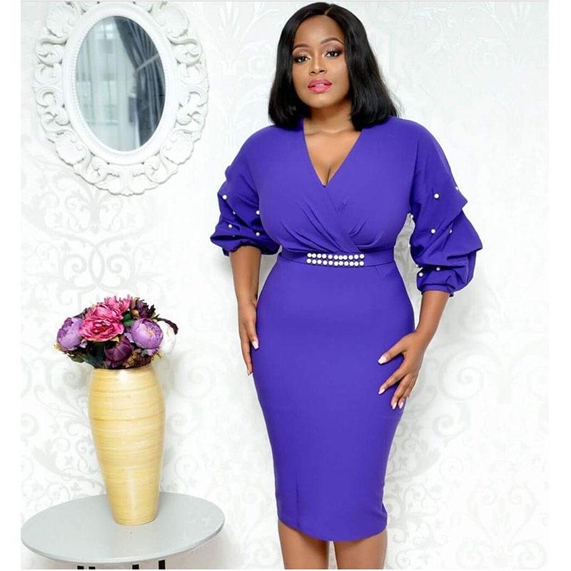 Elegant Women's Fashion Autumn And Winter Long Sleeved Pleated V-neck Bead Sexy Dress