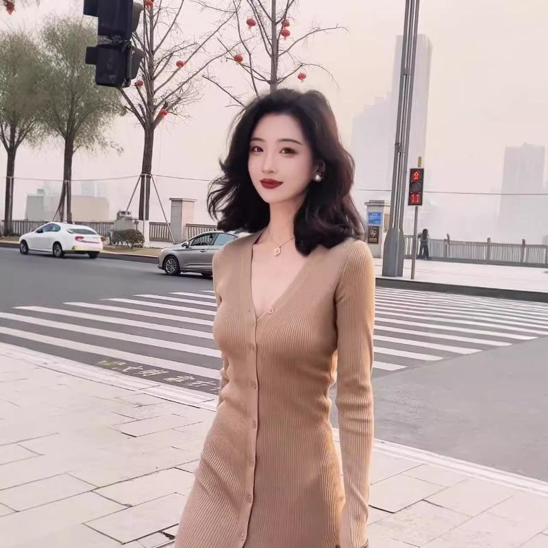 Temperament Skinny Knitted Cardigan Long Dress Early Autumn Muse Fan Premium V-Neck Knitted Dress Women's Autumn and Winter