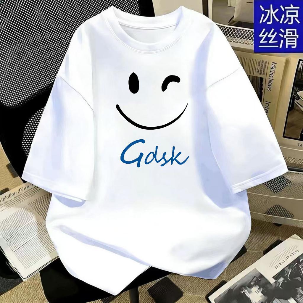 Roundneck Simple Style Cartoon Cute Style Printed Shortsleeved Tshirt for Unisex and WoUnisex Couples Loose Top White Color Soft