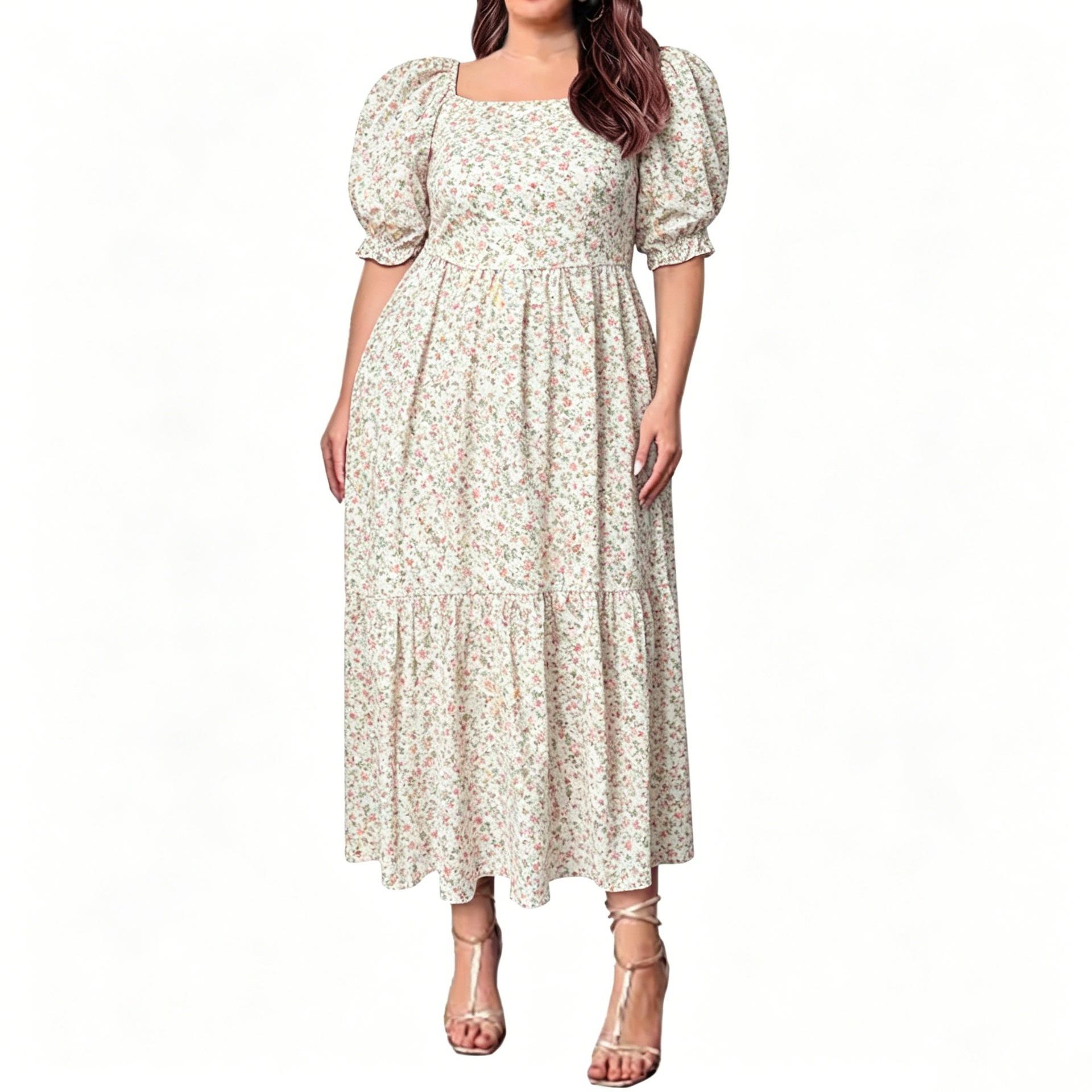 Floral square neck bubble sleeve dress women s large size waist thin temperament dress S