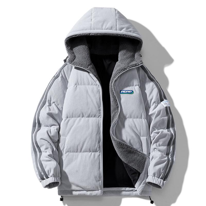 Winter Herren Koreanischer Stil Verdickt Warm Mit Kapuze Lammfell Samt Locker Auto Logo Baumwollmantel Trendig Paar Corduroy Baumwollmantel