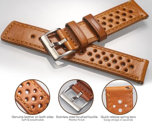 [hemsut H] Genuine Leather Watch Band, Perforated Design, Soft and Flexible, Italian Vegetable Tanned Leather Quick Release Band