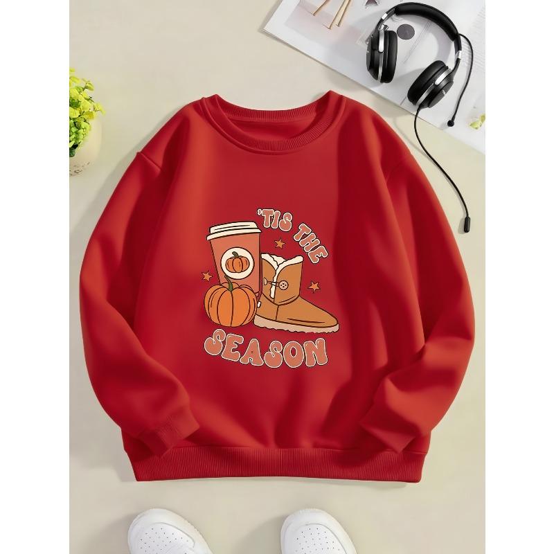 Kids Sweatshirt,Round Neck Sweatshirt - Sweater with Pumpkin, Maple Leaf & Tis the Season Print | Fall Winter Warm Sweatshirt 110