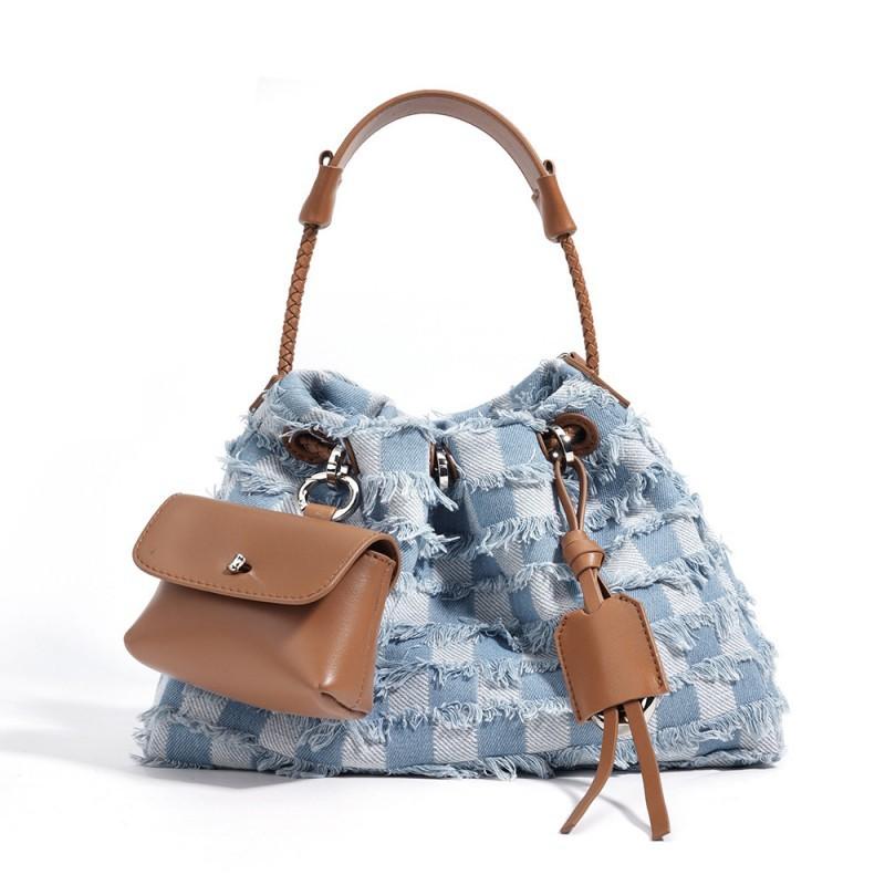 

Leather Denim Multifunctional Women s Bag Casual Simple Checkerboard Pattern Handbag Large Capacity Crossbody Shoulder 29x13x21cm коричневий