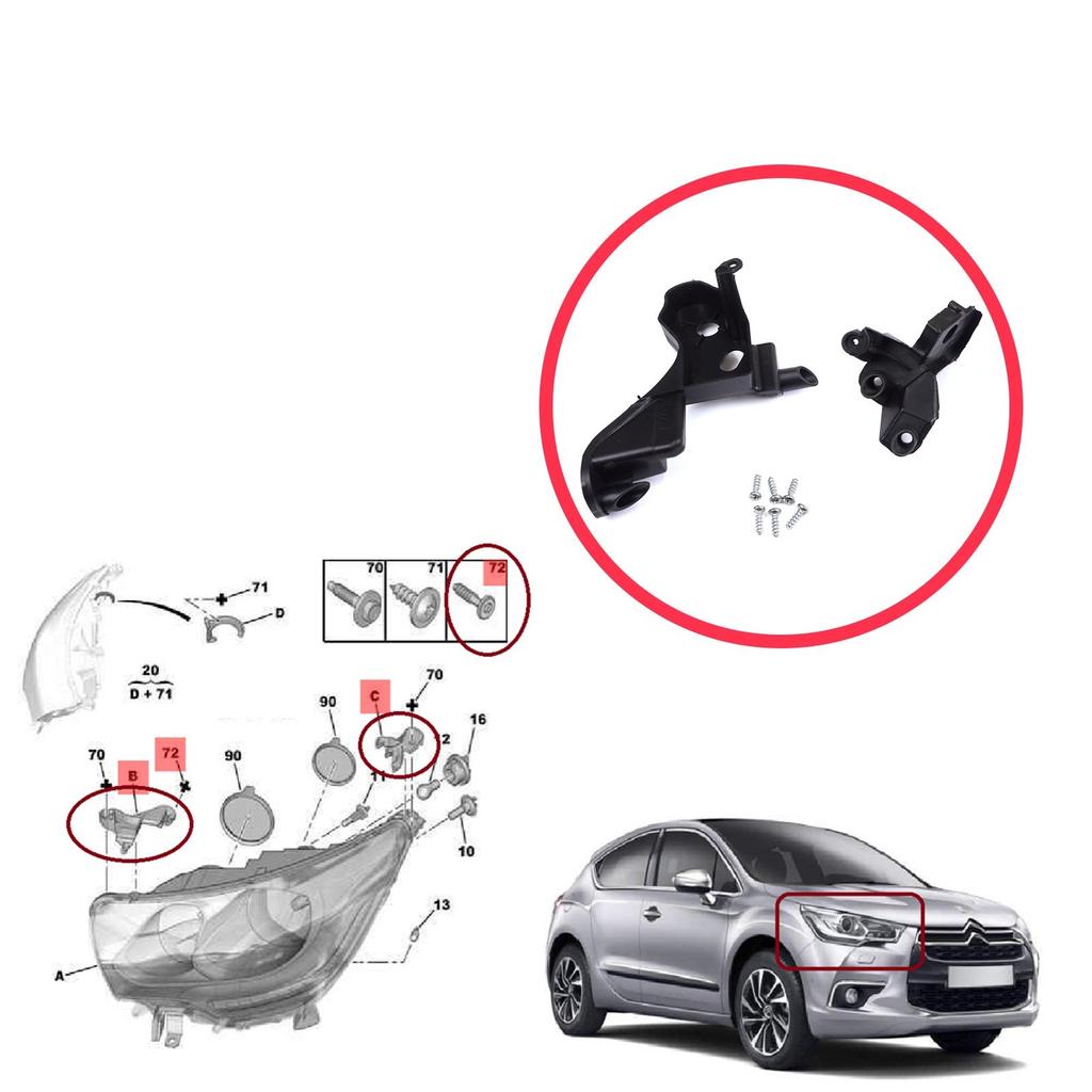 BHL574-2 Headlight Holder Mount Repair Bracket Tab Set Right Side for Citroen C4 MK2 B7 NC 2009-2018 DS4 MK1 NX 2010-2015 6212H0