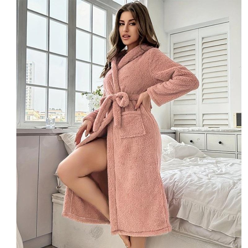 Autumn and Winter New Coral Velvet Couple Robe Female Hooded Thickened and Extended Paragraph Warm Pajamas Home Wear Bathrobe