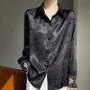 Women Embroidered Satin Shirt Turn Down Collar Long Sleeve Floral Jacquard Casual Blouse