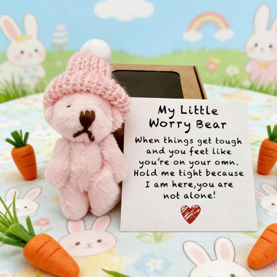 Mini Plush Bear Doll My Little Worry Bear Handmade Gift with Inspirational Card Pocket Bears Hug Plush for Graduation Colleagues & Motivational