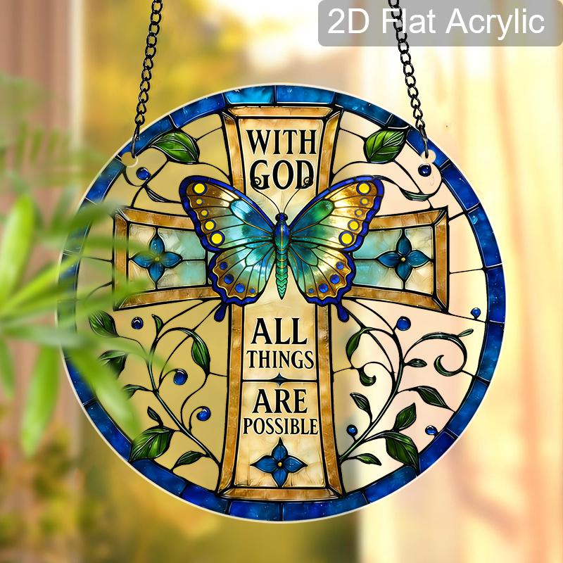 Acrylic Cross Butterfly Suncatcher Stained Glass Effect Window Hanging Ornament Religious Decor for Home