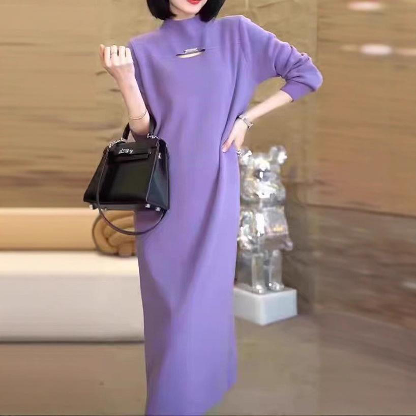 Semi-turtleneck with coat temperament dress women's autumn and winter medium and long loose and thin solid color knitted sweater skirt