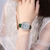Women's New Luxury Full Star Diamonds Square Quartz Watch Business Women's Green Leather Casual Dress Clock Wristwatch