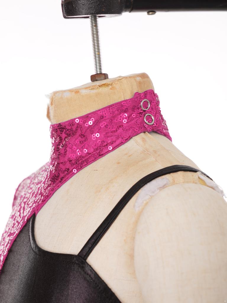 Mädchen Glitzerndes Pailletten Tanzkostüm Asymmetrischer Ärmel Body mit Kontrast Tüllrock für Bühnenshows und Wettbewerbe