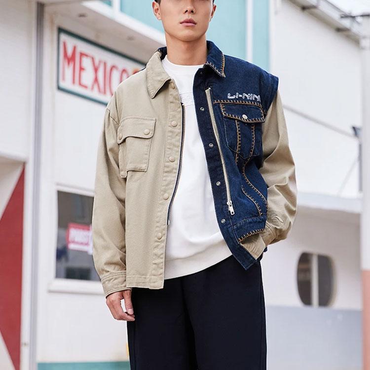 Li Ning Color Block Washed Loose Denim Jacket Men Jackets Dusty-Earth Denim-Blue AFDR823-1