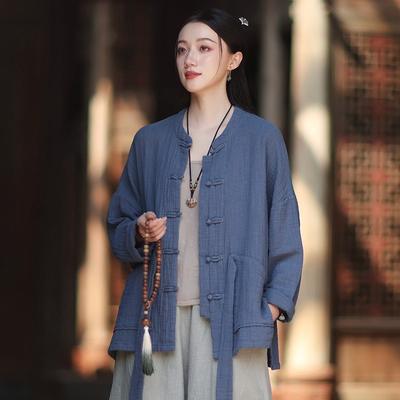 Camicie Top Vintage da Donna con Cintura Collo Alto Manica Lunga Colore Unico Autunno Bottoni Stile Cinese Camicette