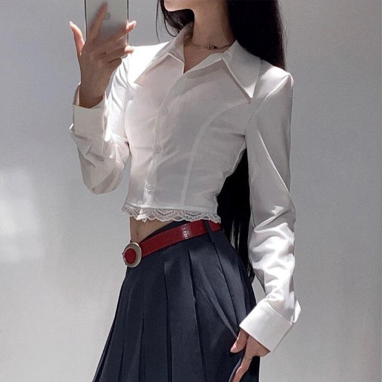 Summer new French pure desire style polo collar lace splicing long-sleeved shirt women's design sense slim and thin top