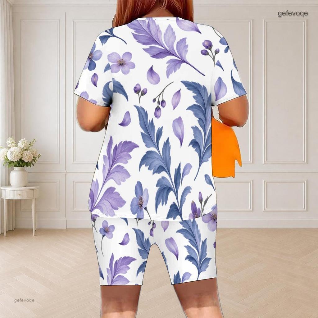 Women Plus Size White Floral Printed Round Neck Short Sleeve Top Fitted Shorts Two Piece Set