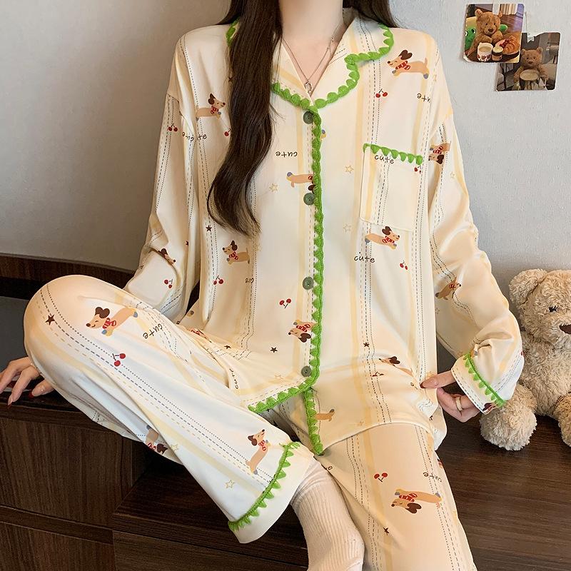 Halbmond-Stickrand Langarm-Pyjama Damen Frühling Neu Imitation Baumwolle Dopamin Polka Dot Loungewear Set