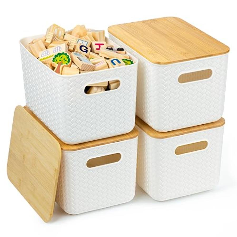 

4 Packs Storage Bins with Bamboo Lids - White Stackable Plastic Storage Containers for Organizing Desktop Closet Playroom Class United States