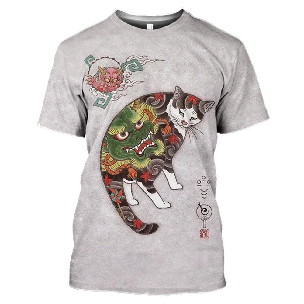 Neue Mode Vintage T-Shirt Samurai Katze Tattoo Shirt Herren 3D Cooler Druck Kunst Klassisches Shirt Sommer Trend T-Shirt