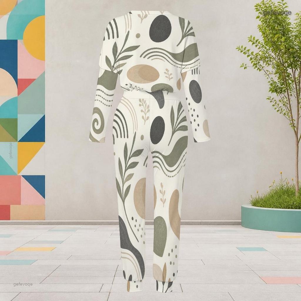 Women Plus Size Round Neck Long Sleeve Printed Two Piece Set Cuffed Top Cuffed Pants With Pockets