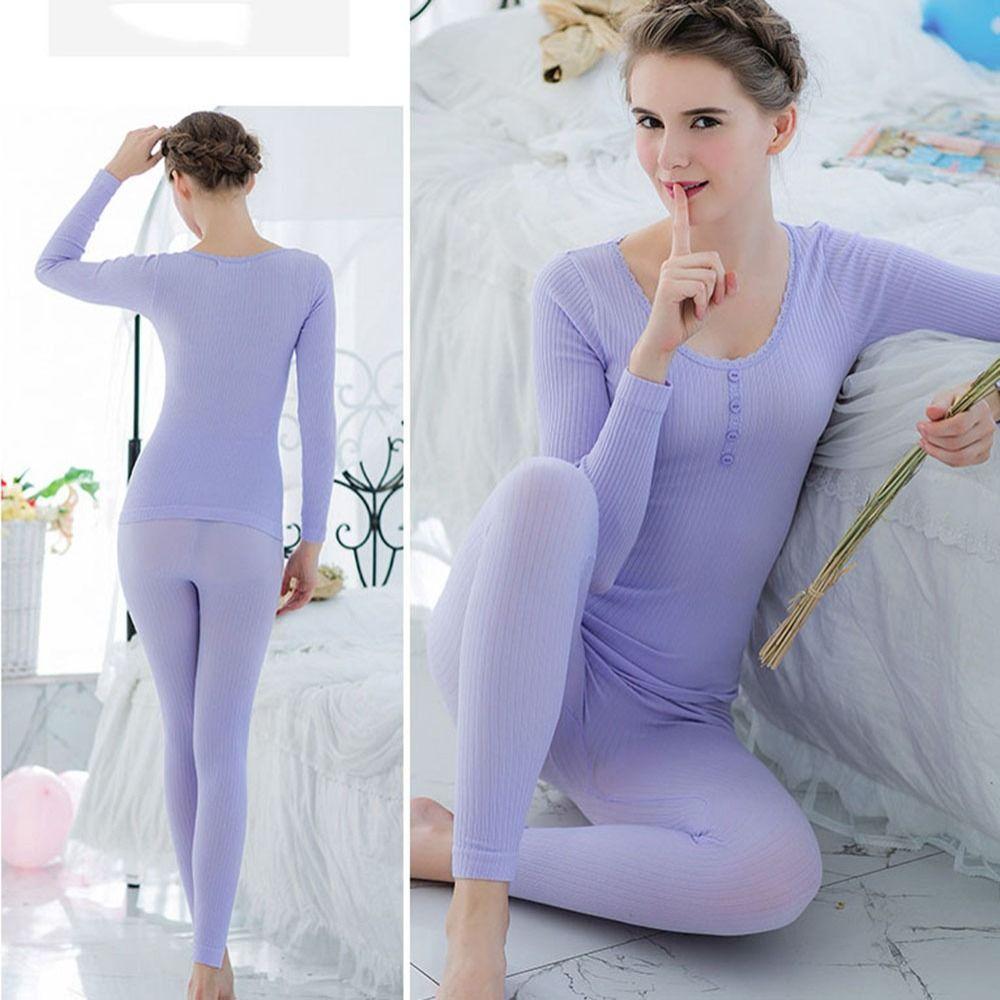 Pants Solid Color Long Sleeve Top Women Underwear Thermal Underwear Long Johns Set Top Pants Set