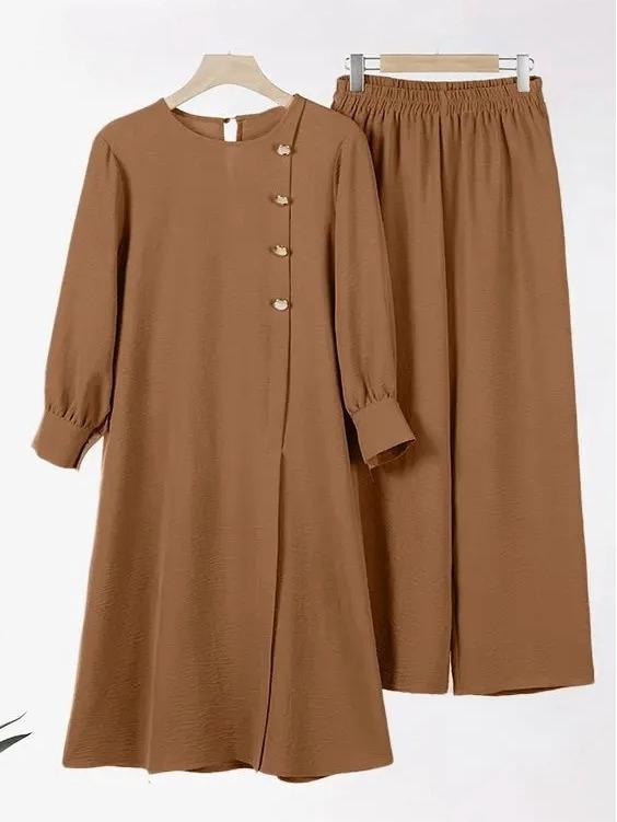 H718 Elegant Two-Piece Muslim Women's Suit: Irregular Long Shirt with Wide-Leg Pants