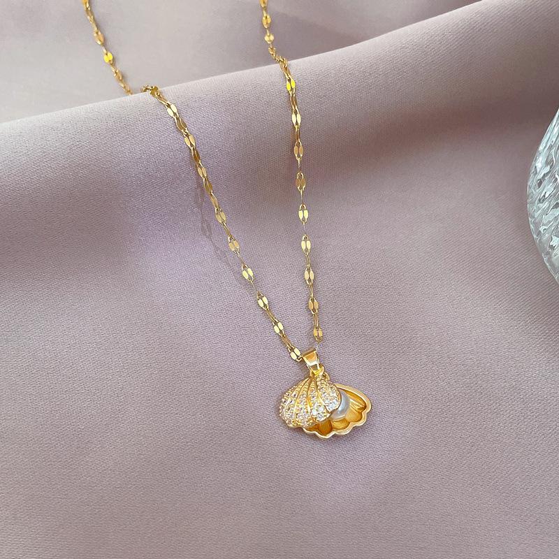 Fashion Shell Starfish Pearl Pendant Necklace for Women Stainless Steel Zircon Heart Clavicle Chain Summer Beach Jewelry Gift