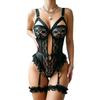 Hot Contrast Lace Teddy Sexy Lingerie Set Lettuce Trim Heart Decor Cut Out Strappy Thong Bodysuit Women's Erotic Lingerie