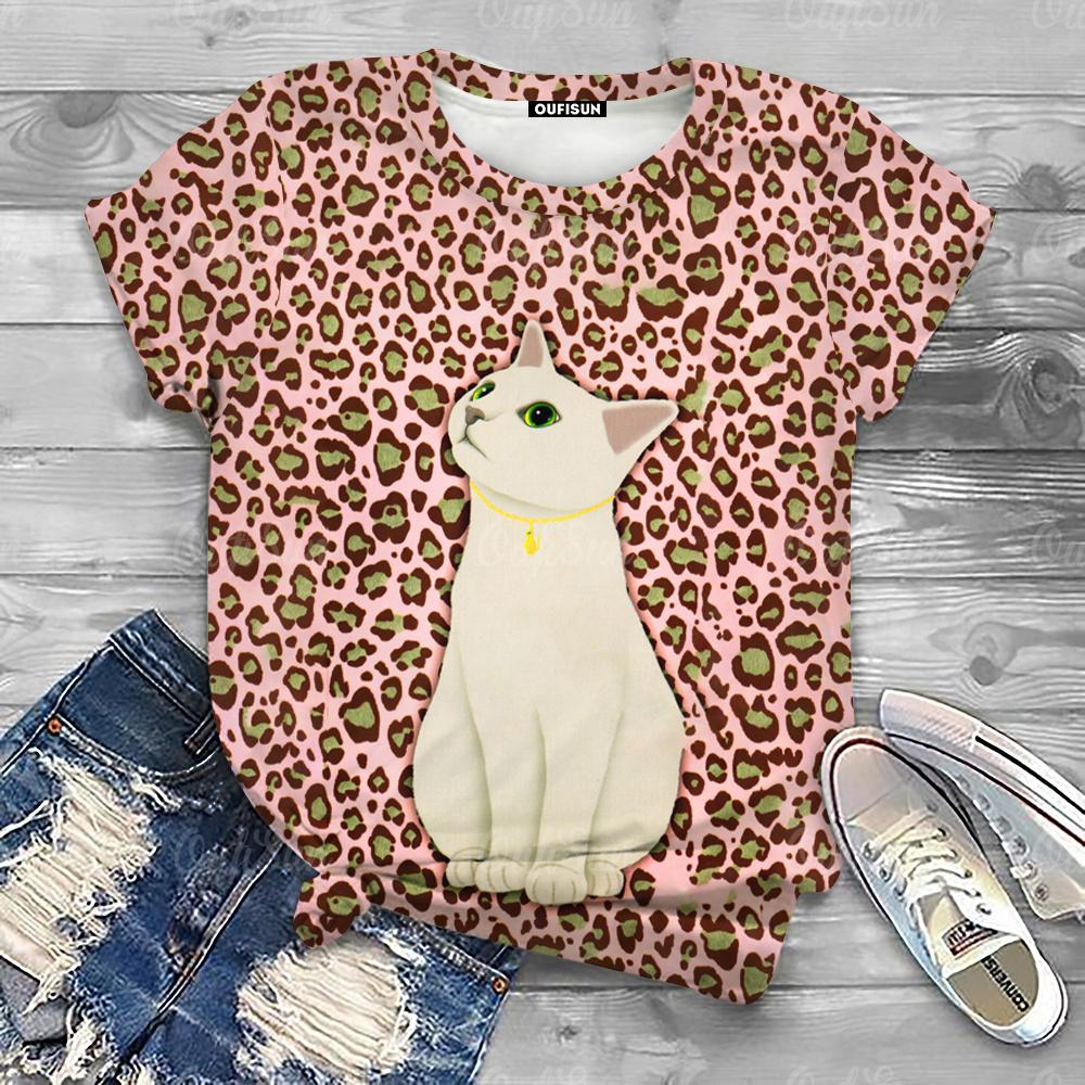 Cute Cartoon Cat Print Women's T-Shirts Top Short Pullover Sleeved Fashion Casual Style O-Neck Tee Shirt Female Clothing Summer
