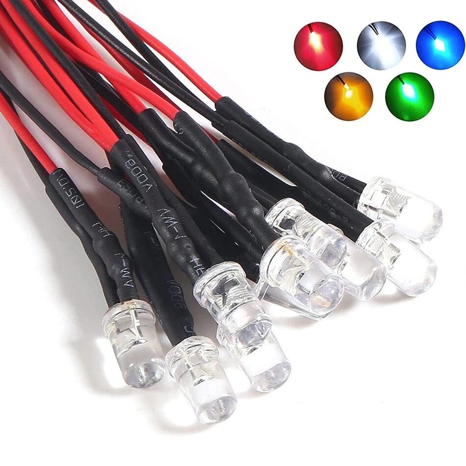 

50pcs 12V 5mm LED Diode Lights 7.9 Inch Pre Wired 5 Colors X 10pcs Assorted Kit White Red Green Blue Yellow Warm-White Emitting