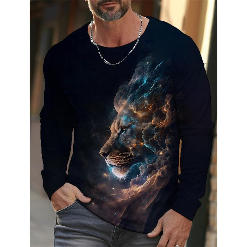 Fashion Lion Graphic 3D Full Print Clothing Vintage Men Long Sleeve T-shirt for Men Casual Top Fashion Trackwear Lion Animal