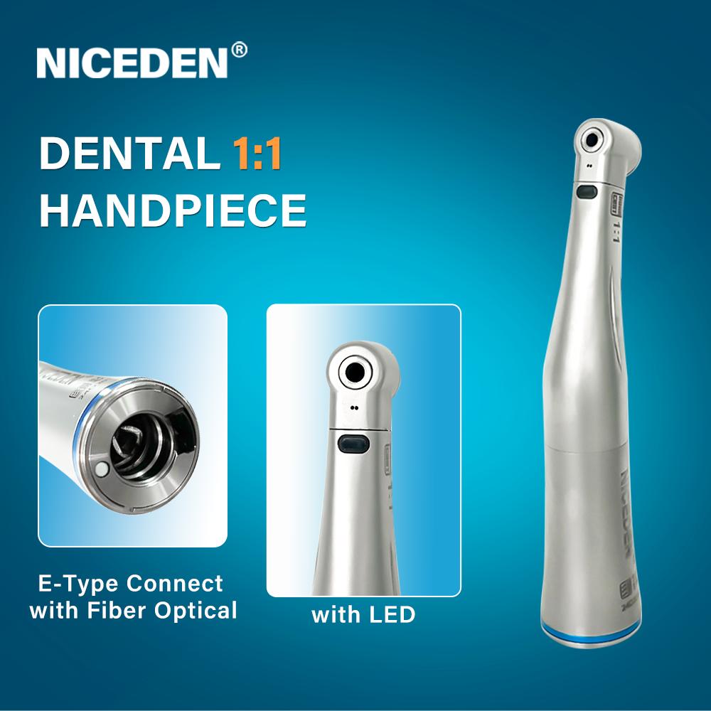 Niceden Contre-angle à fibre optique pour équipements dentaires 1:1 avec LED connectant la perceuse dentaire à jet unique micro moteur