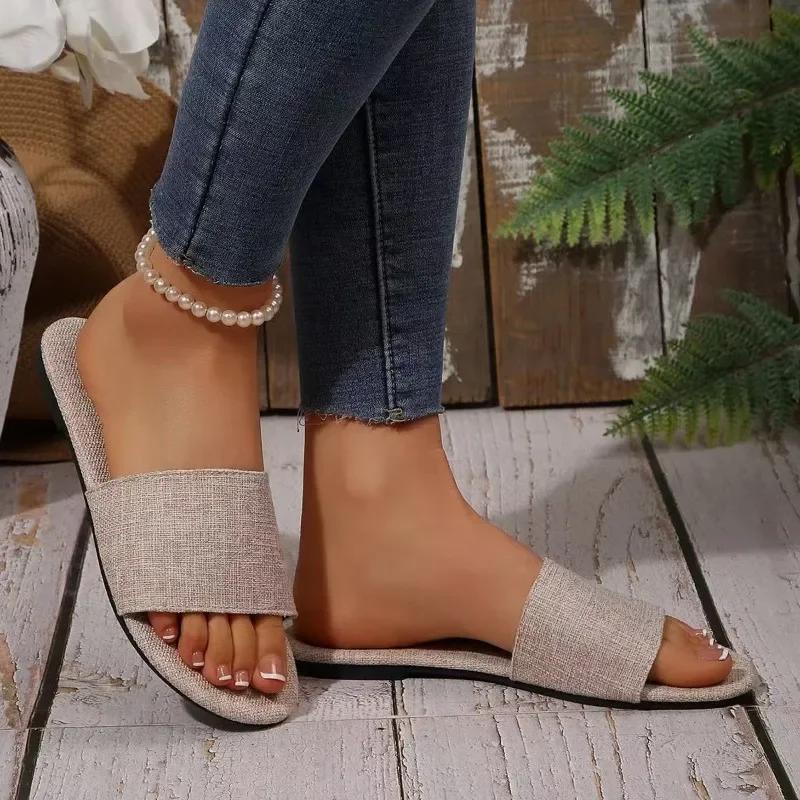 Fashion Ladies Shoes On Offer 2025 Open Toe Light Slippers Outdoor Casual Slippers Women Round Toe Flat with Plus Size Concise Sandals